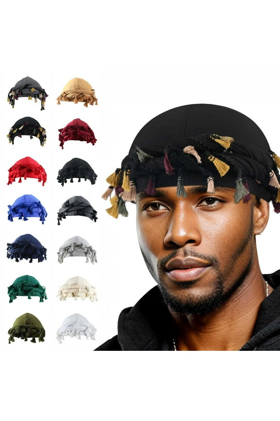 Babalet Stylish Turban for Men Women Satin Lined Durag Head Wraps Skull Cap Pre-Tied Tassels Braid Beanie Vintage Twist Bonnet Army Green
