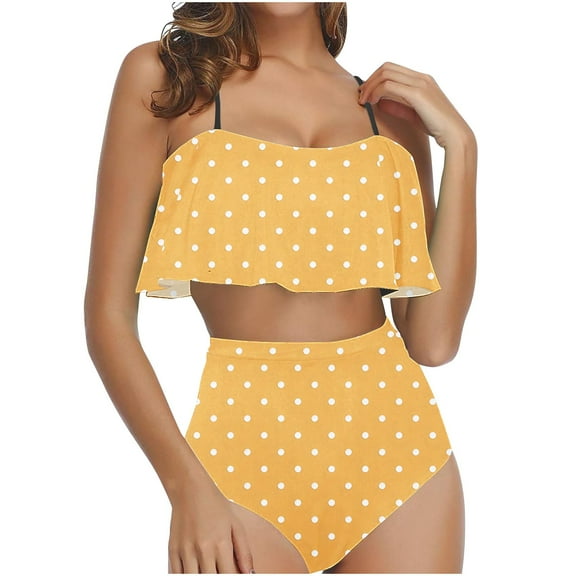 UTSJKR Bathing Suit for Women 2 Piece Ruffle Polka Dot High Waist Tummy Control Bikini Sets Sexy Retro Cheeky Beach Swimsuit Yellow L