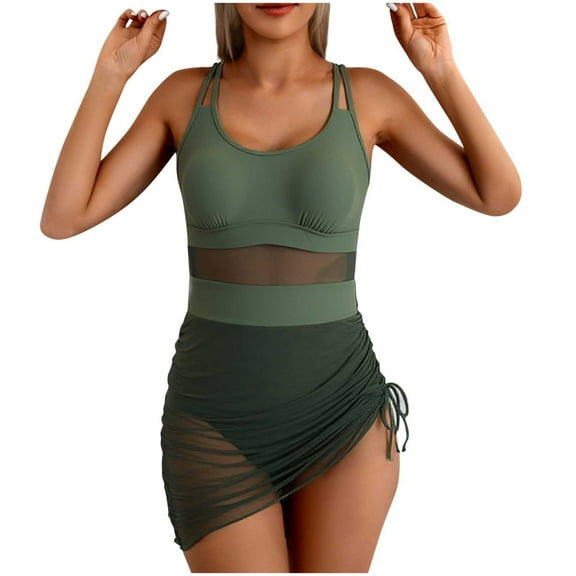 UTSJKR Bathing Suit for Women Solid Color Round Neck Keyhole Modest Skirt Vacation Beach Two-Piece Swimsuits Army Green M
