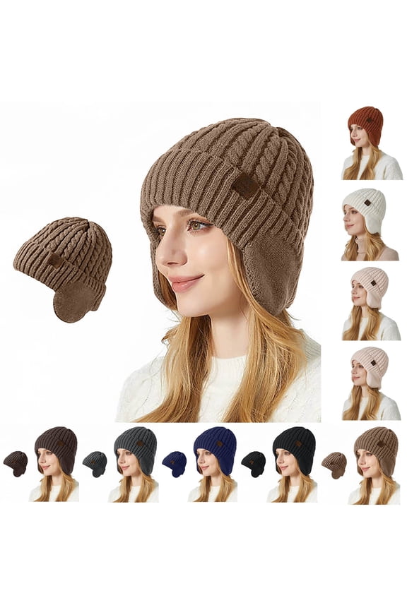 Beanie Hats for Women Cable Ribbed Knitted Fashion Thermal Winter Beanies Slouchy Cuffed Knit Beanies with Ear Flaps Brown