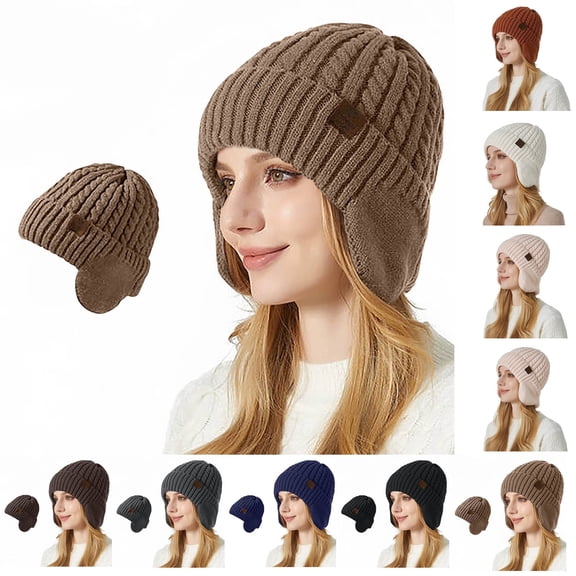 UTSJKR Beanie Hats for Women Cable Ribbed Knitted Fashion Thermal Winter Beanies Slouchy Cuffed Knit Beanies with Ear Flaps Pink