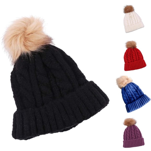 UTSJKR Beanies for Womens Winter Knitted Beanies Hats with Faux Fur Pom Warm Knit Skull Cap Classic Solid Casual Soft Stretch Hats Blue
