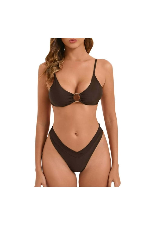 Bikini Set for Women O Ring Ruched Bikini Swimsuit Set Adjustable Shoulder Straps Bikini Sets High Waist Swimsuit Coffee L