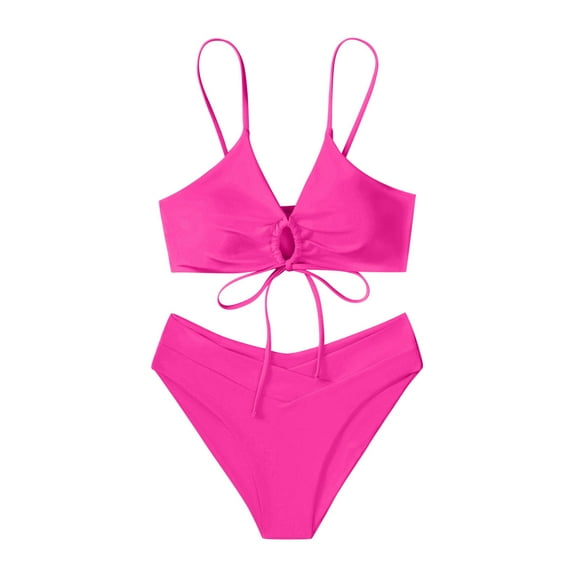 UTSJKR Bikini Set for Women Tie Front Triangle Bathing Suits, Solid V Neck Two Piece Swimsuits High Waisted V Cut Bottom Hot Pink M