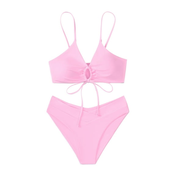 UTSJKR Bikini Set for Women Tie Front Triangle Bathing Suits, Solid V Neck Two Piece Swimsuits High Waisted V Cut Bottom Pink M