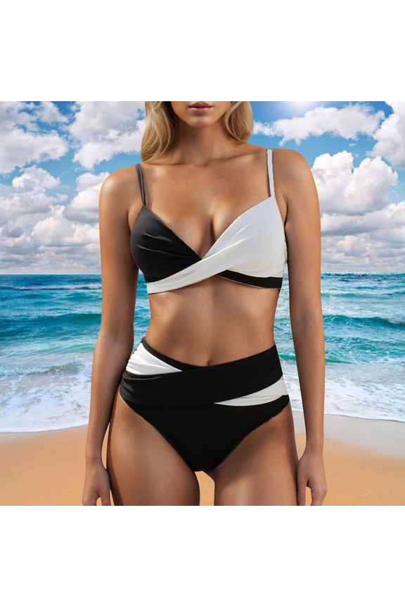 Bikini Set for Women Tummy Control Bathing Suits Color Block Modest High Waisted Bikini Sets Cute Halter V Neck 2 Piece Swim Suit Black L