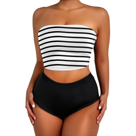 UTSJKR Bikini Sets for Women Bandeau Bikini Tops with Shorts for Women - Strapless Swim Top Bathing Suit Striped Tube Swimsuit Tops with Shorts Black XXL