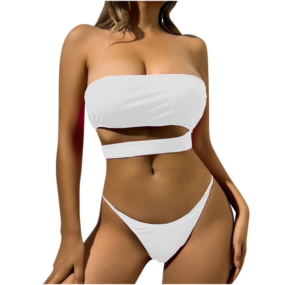 UTSJKR Bikini Sets for Women 2 Piece Bandeau Swimsuits Strapless Bandeau Bikini Flattering Cutout High Cut Bathing Suits Swimwear White L