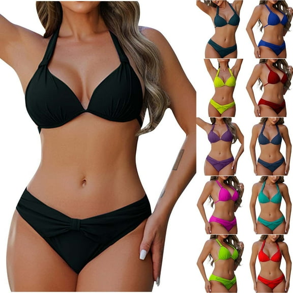 UTSJKR Bikini Sets for Women Two Piece Triangle Swimsuit Halter Ruched Cheeky Bathing Suit Push Up Swimwear Black XL