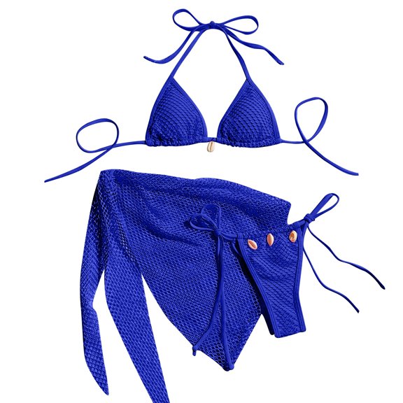 UTSJKR Bikinis Sets for Women Sexy Drawstring Spaghetti Strap Fishnet Three Piece Swim Sets Trendy Solid Swimwear Blue S