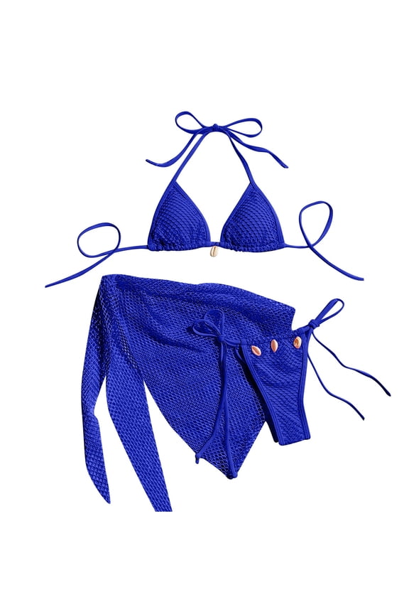 Bikinis Sets for Women Sexy Drawstring Spaghetti Strap Fishnet Three Piece Swim Sets Trendy Solid Swimwear Blue XL