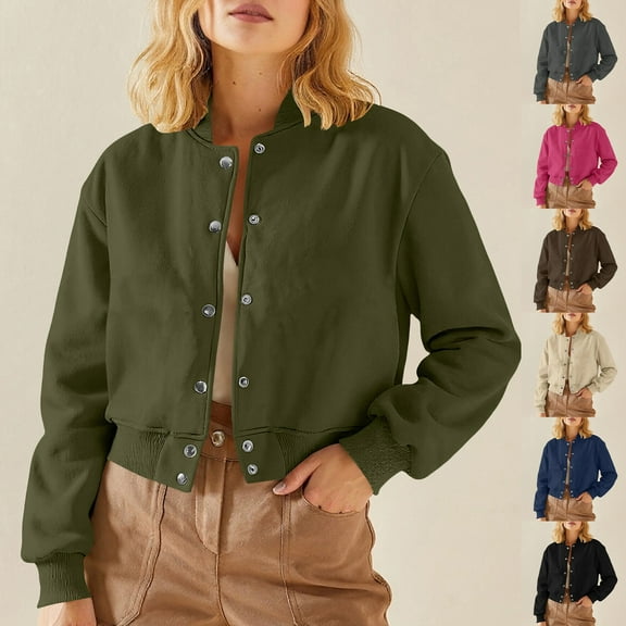UTSJKR Bomber Jacket Women 2026 - Short Cropped Jacket Women Button Down Long Sleeve Casual Varsity Jackets with Pockets Army Green M