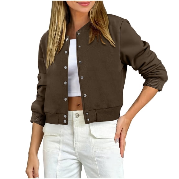 UTSJKR Bomber Jacket Women 2026 - Short Cropped Jacket Women Button Down Long Sleeve Casual Varsity Jackets with Pockets Brown XXL