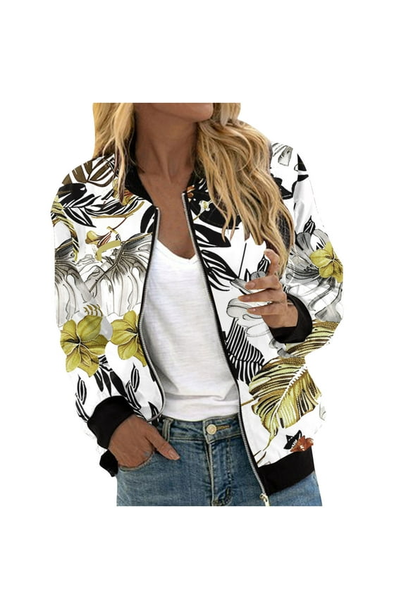 Bomber Jacket for Women 2024 Fall Fashion Floral Print Lightweight Comfy Jackets Trendy Oversized Zip Up Coat Outwear with Pockets Beige S