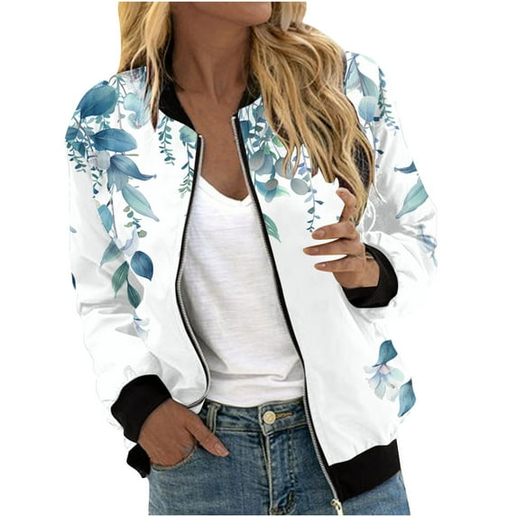 UTSJKR Bomber Jacket for Women 2024 Fall Fashion Floral Print Lightweight Comfy Jackets Trendy Oversized Zip Up Coat Outwear with Pockets Blue L