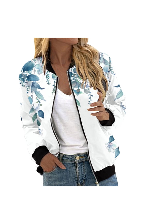 Bomber Jacket for Women 2024 Fall Fashion Floral Print Lightweight Comfy Jackets Trendy Oversized Zip Up Coat Outwear with Pockets Blue XL