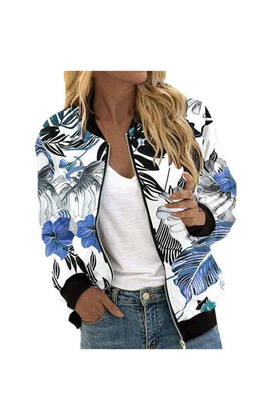 Bomber Jacket for Women 2024 Fall Fashion Floral Print Lightweight Comfy Jackets Trendy Oversized Zip Up Coat Outwear with Pockets Blue XXL