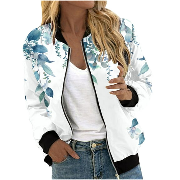 UTSJKR Bomber Jacket for Women 2024 Fall Fashion Floral Print Lightweight Comfy Jackets Trendy Oversized Zip Up Coat Outwear with Pockets Blue XXXXL