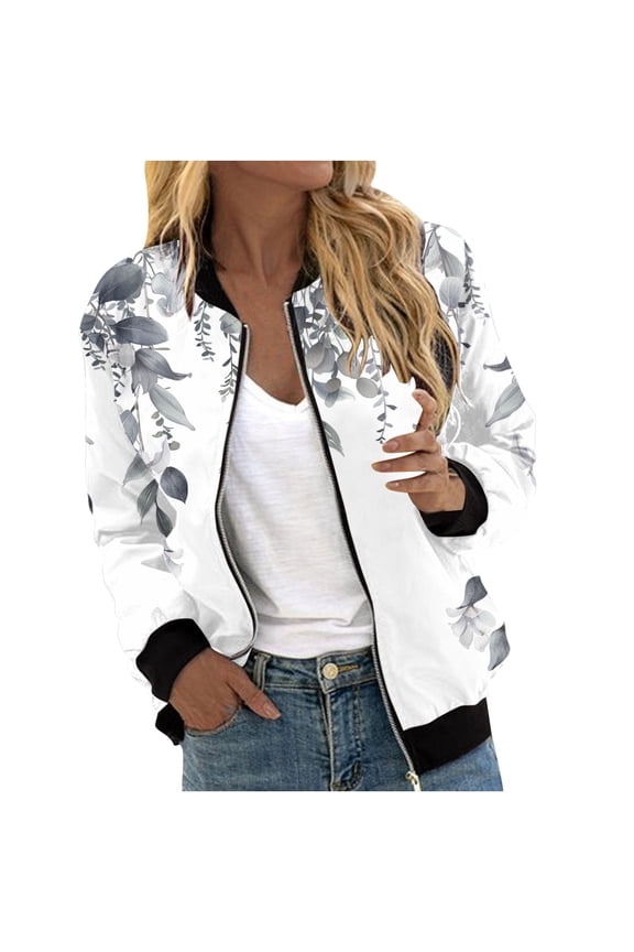Bomber Jacket for Women 2024 Fall Fashion Floral Print Lightweight Comfy Jackets Trendy Oversized Zip Up Coat Outwear with Pockets Gray XXL