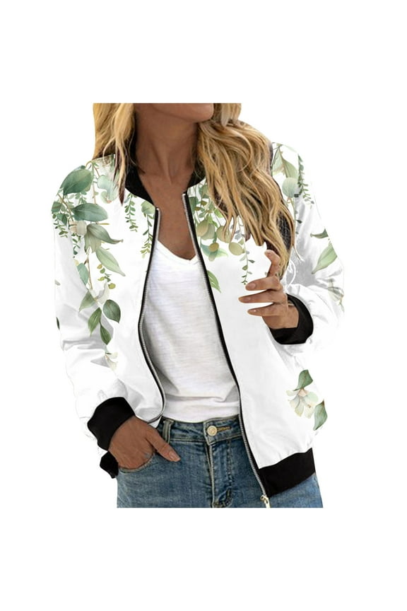 Bomber Jacket for Women 2024 Fall Fashion Floral Print Lightweight Comfy Jackets Trendy Oversized Zip Up Coat Outwear with Pockets Green S