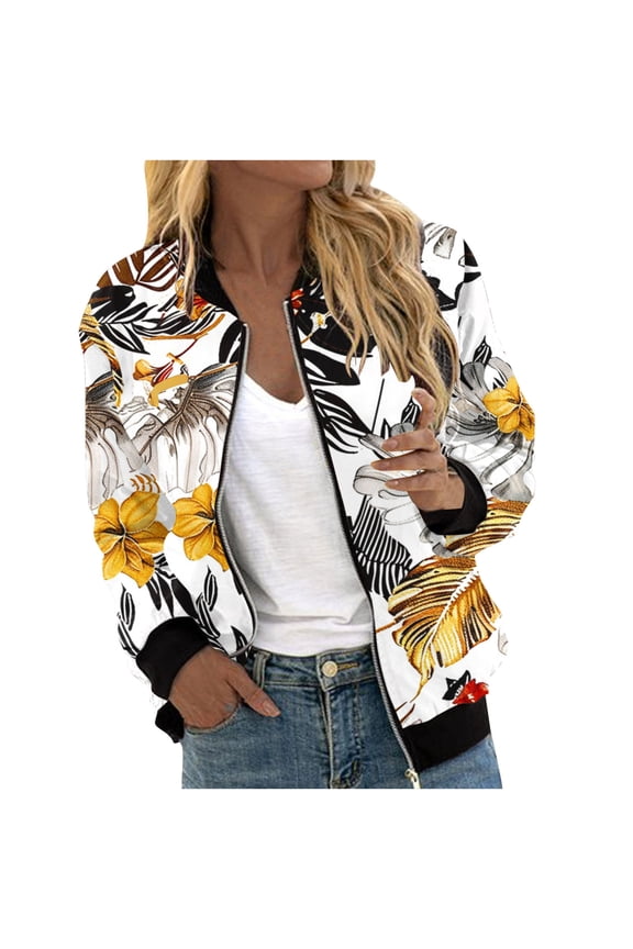Bomber Jacket for Women 2024 Fall Fashion Floral Print Lightweight Comfy Jackets Trendy Oversized Zip Up Coat Outwear with Pockets Khaki L