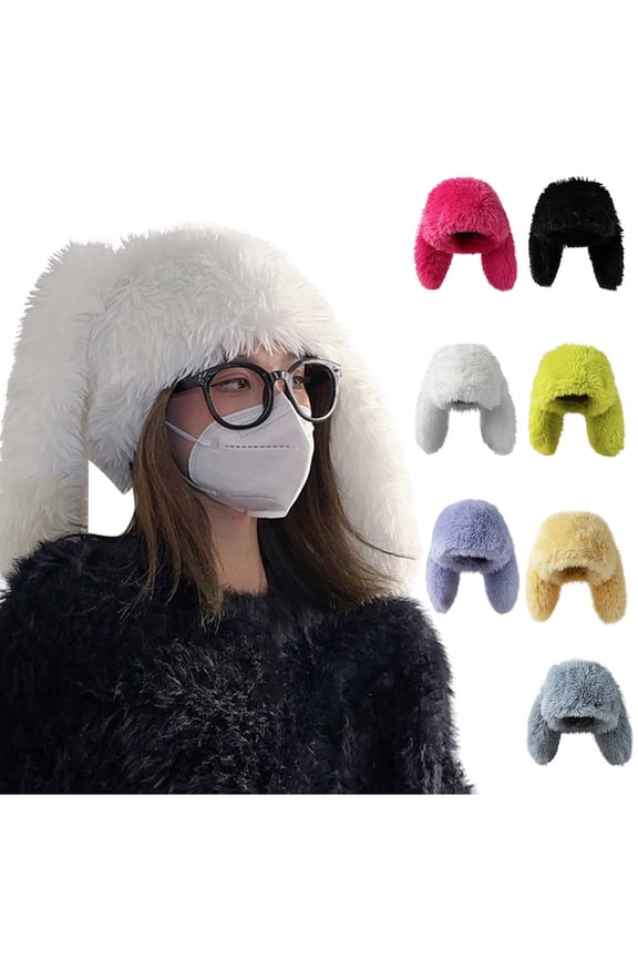 Bunny Beanie Hat for Women Men Y2k Cute Plush Beanie Fluffy Rabbit Ears Warm Winter Caps Slouchy Skull Cap Outdoor Cap Black