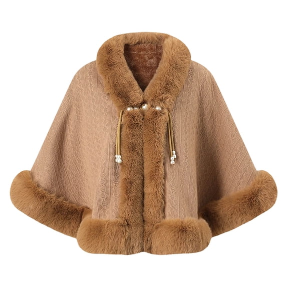 UTSJKR Cable Knit Faux Fur Trim Hooded Cape Poncho Pearl Tassel Closure Warm Wrap Shawl for Women Cold Season Outfit Khaki