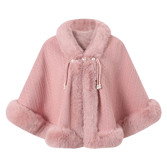 UTSJKR Cable Knit Faux Fur Trim Hooded Cape Poncho Pearl Tassel Closure Warm Wrap Shawl for Women Cold Season Outfit Pink