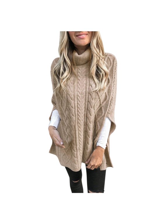 Cable Knit Sweaters for Women Classic Solid Turtle Neck Tunic Pullover Tops Oversized Side Split Jumper Knitwear Fall Winter 3/4 Sleeve Sweaters 2024 Fashion Clothing Khaki XXXL