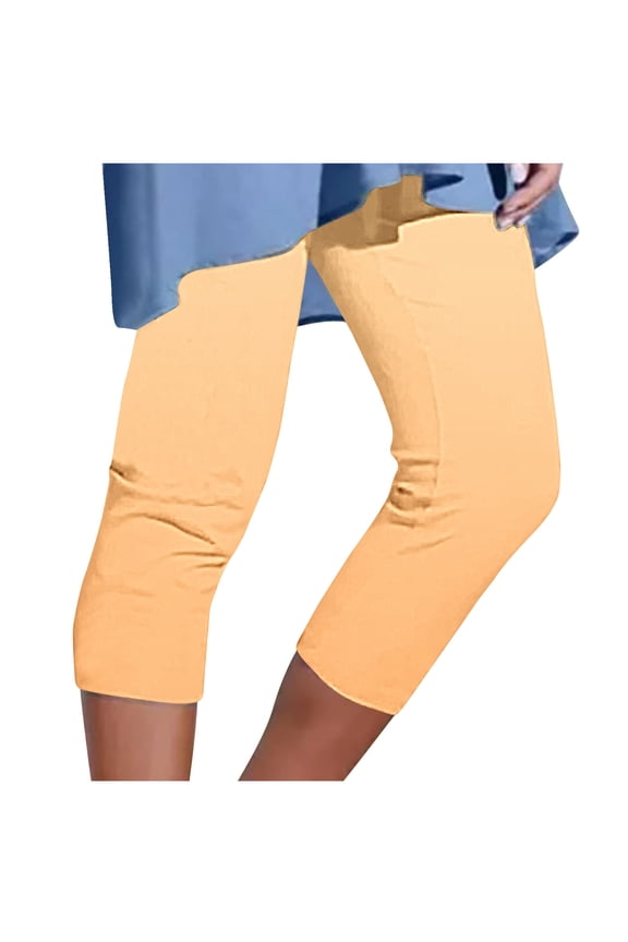 Capri Leggings for Women High Waisted Yoga Pants 2025 Fashion Solid Color Soft Lightweight Yoga Capris Cropped Pants Yellow XL