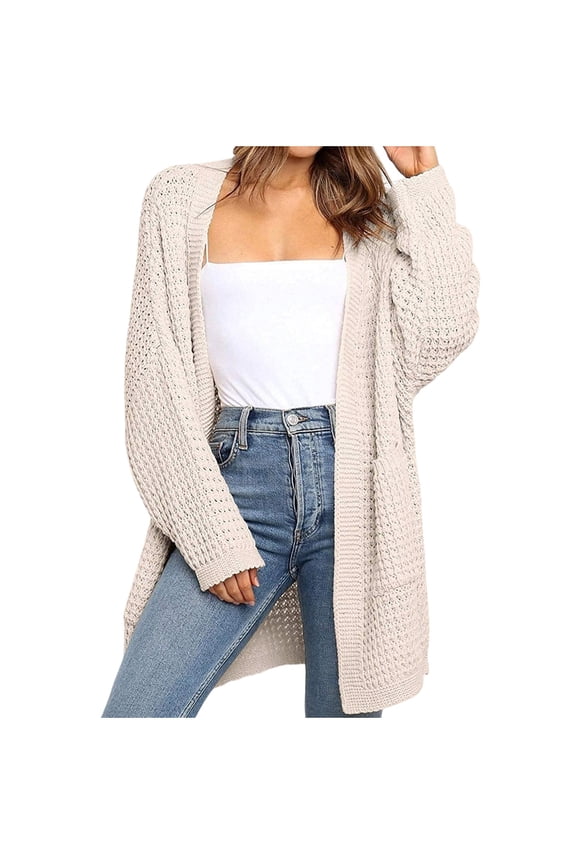 Cardigan Sweaters for Women Dressy 2025 Fall Waffle Knit Batwing Long Sleeve Cardigan Loose Open Front Sweater Coat Beige S