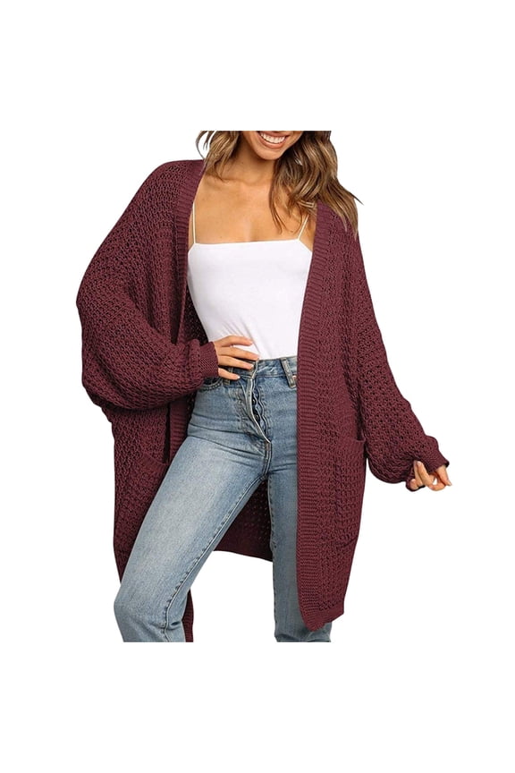 Cardigan Sweaters for Women Dressy 2025 Fall Waffle Knit Batwing Long Sleeve Cardigan Loose Open Front Sweater Coat Wine S