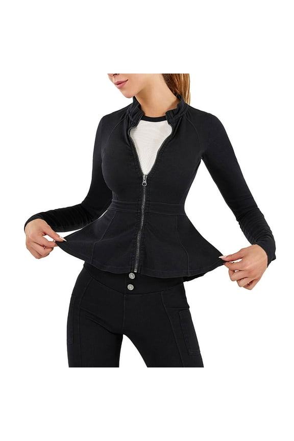 Casual Denim Peplum Jacket for Women Long Sleeve Zip Front Athletic Workout Ruffle Blazer Coats Classic Stand Collar Slim-Fit Coat Black L