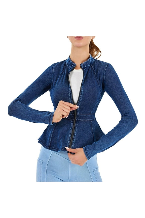 Casual Denim Peplum Jacket for Women Long Sleeve Zip Front Athletic Workout Ruffle Blazer Coats Classic Stand Collar Slim-Fit Coat Blue XL