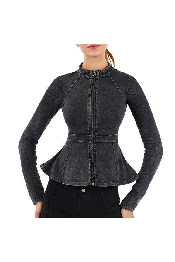 Casual Denim Peplum Jacket for Women Long Sleeve Zip Front Athletic Workout Ruffle Blazer Coats Classic Stand Collar Slim-Fit Coat Dark Gray S