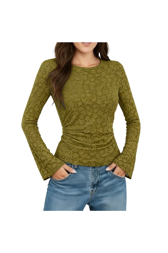 Casual Long Sleeve Shirts Spring Fashion 2026 Going Out Tops for Women Trendy Floral Work Blouses Bodycon Tunics Green S