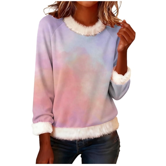 UTSJKR Christmas Sweatshirts for Women, Faux Fur Trim Casual Loose Long Sleeve Pullover Crewneck Long Sleeve Gradient Pullover Multicolor S