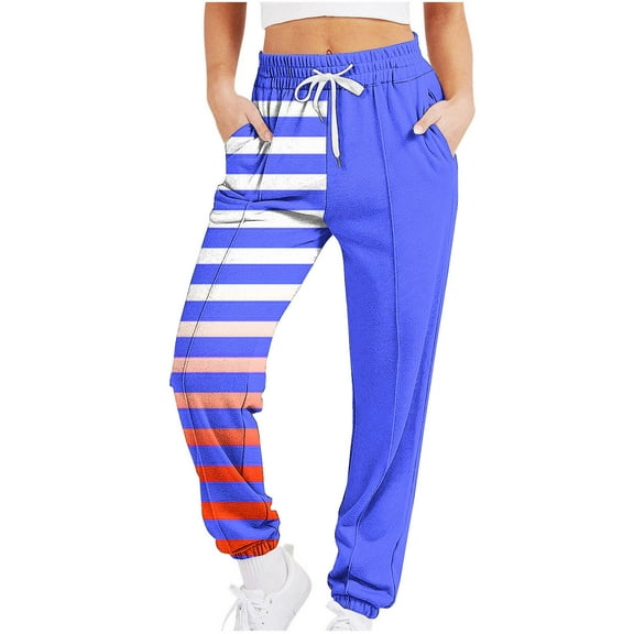 UTSJKR Sweatpants for Women Drawstring High Waist Striped Gradient Cinch Bottom Sports Pants Baggy Workout Fleece Joggers Lounge Pants Blue S