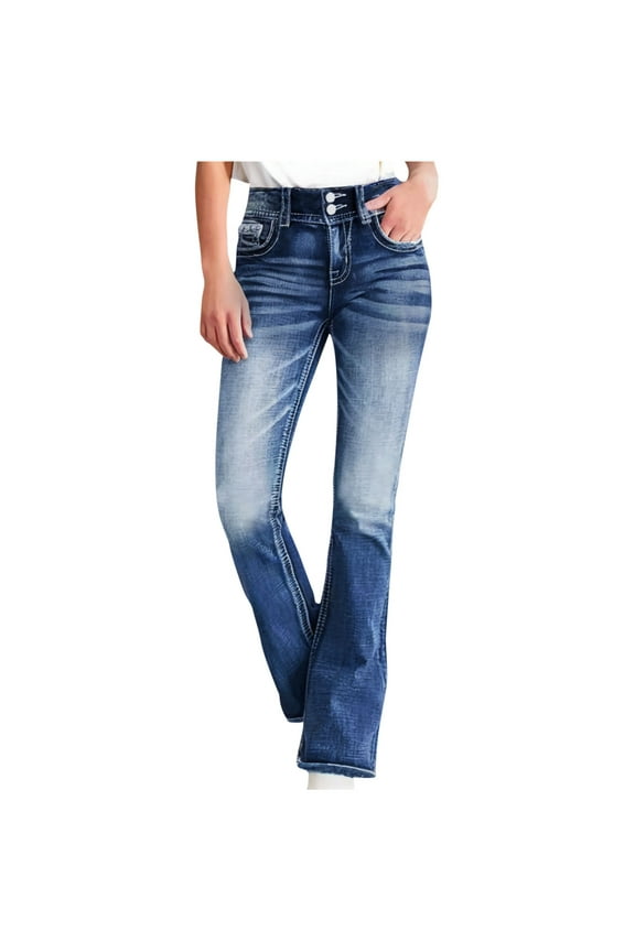 Women Mid Waisted Bootcut Jeans Zip Stretchy Slim Casual Double Button Flare Denim Pants with Distressed Pocket Blue M
