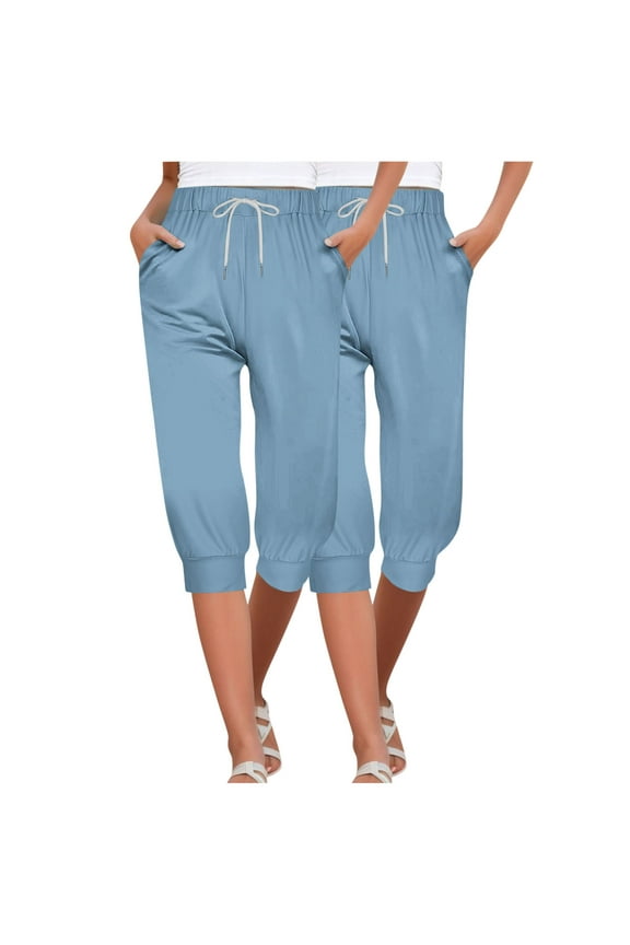 Women's 2 PC Casual Capri Pants 3/4 Length Solid Color Drawstring Elastic Waist Loose Fit with Pockets Palazzo Pants Sky Blue XXL