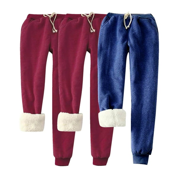 UTSJKR Clearance Women's 3 Pc Winter Warm Fleece Joggers Track Pants Sherpa Lined Sweatpants Classic Solid Athletic Active Lounge Pants Blue L