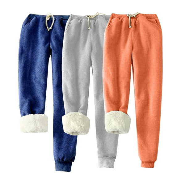 UTSJKR Clearance Women's 3 Pc Winter Warm Fleece Joggers Track Pants Sherpa Lined Sweatpants Classic Solid Athletic Active Lounge Pants Blue XL