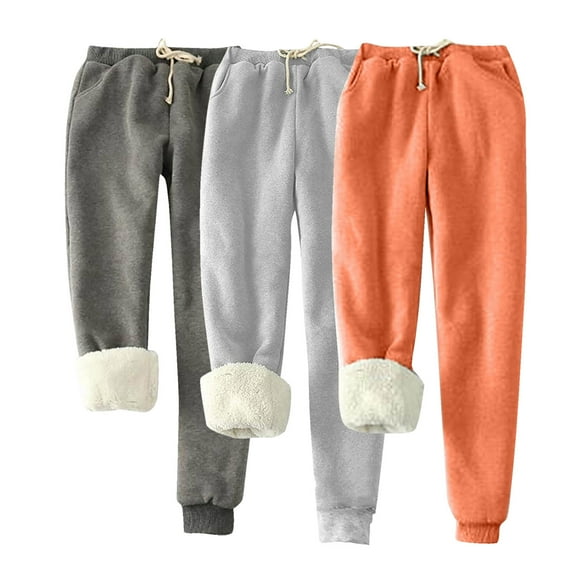 UTSJKR Clearance Women's 3 Pc Winter Warm Fleece Joggers Track Pants Sherpa Lined Sweatpants Classic Solid Athletic Active Lounge Pants Orange L