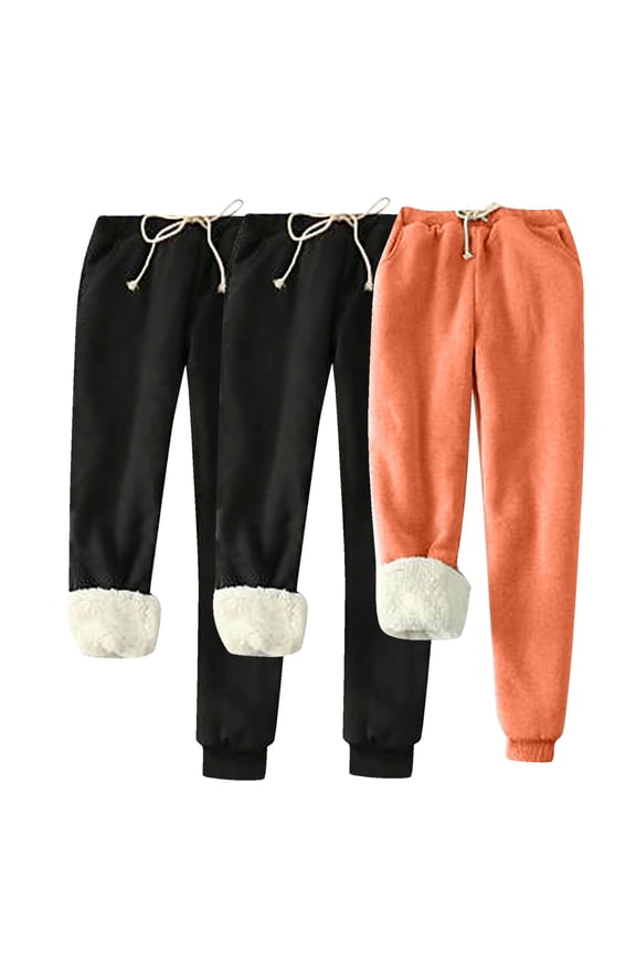 Women's 3 Pc Winter Warm Fleece Joggers Track Pants Sherpa Lined Sweatpants Classic Solid Athletic Active Lounge Pants Orange XXXXXL