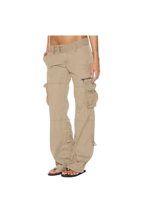 Women's Baggy Harem Pants High Waist Solid Color Loose Fit Multi Pockets Long Trousers with Belt Khaki 8