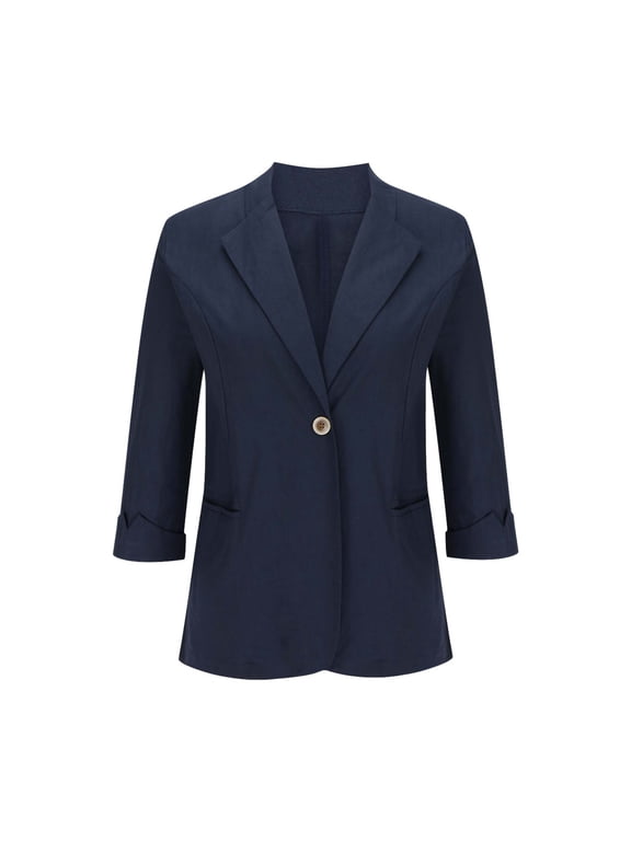 Women's Blazer Jacket Casual 3/4 Sleeve Button Up Open Front Lightweight Work Blazer Office Business Suit Jacket Outerwear Navy XXXL