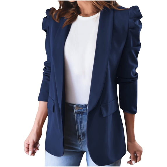 UTSJKR Women's Business Blazer Fashion Puff Sleeve Long Sleeve Solid Color Open Front Blazer Jacket Office Work Wear Outerwear Navy S