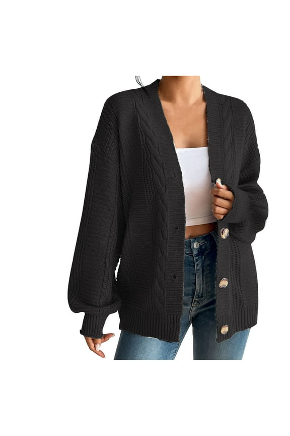 Women's Cable Knit Cardigan Button Down Long Sleeve Oversized Sweater Jacket Fall Winter Warm Soft Cozy Pullover Coat Black S