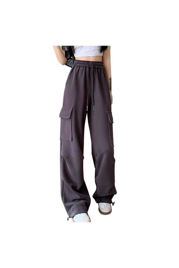Women's Cargo Pants Loose Fit High Waist Drawstring Sweatpants Wide Leg Jogger Pants Comfortable Trousers Fashion Streetwear Dark Gray M