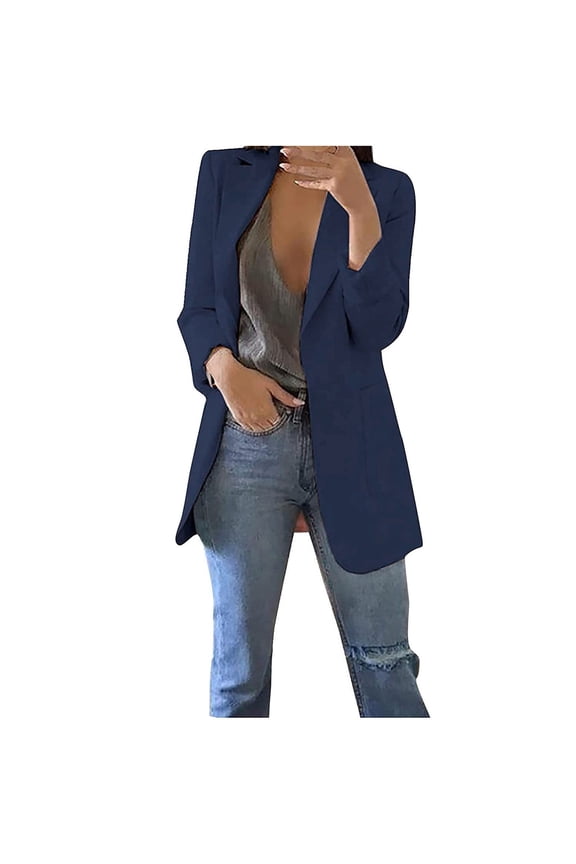 Women's Casual Blazer Long Sleeve Solid Color Blazer Open Front Long Cardigan Jacket Office Work Wear Outwear Navy XXXL